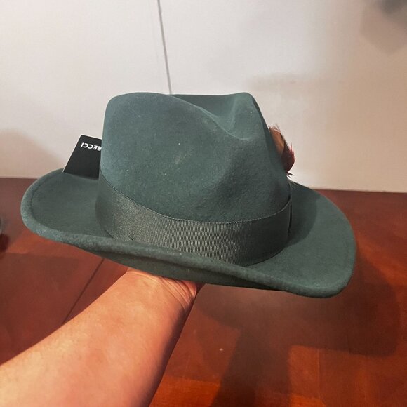 Ferrecci Green Wool Fedora Hat With Red Feather Accent Stylish Formal Design For - Picture 15 of 16
